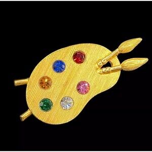 Vintage Palette Brooch Colorful Rhinestones Goldtone  2" Long.